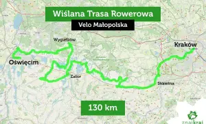 Mapa Wiślanej Trasy Rowerowej Velo Małopolska, o długości 130 km, prowadzącej przez Oświęcim, Zator i okolice Krakowa.