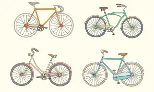 Cztery rysunki rowerów: pomarańczowy szosowy, zielony cruiser, kremowy miejski i turkusowy. Proste ilustracje pokazują, jak narysować rower.