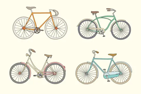 Cztery rysunki rowerów: pomarańczowy szosowy, zielony cruiser, kremowy miejski i turkusowy. Proste ilustracje pokazują, jak narysować rower.