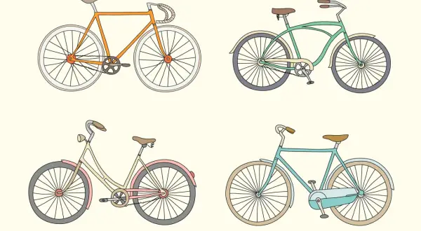 Cztery rysunki rowerów: pomarańczowy szosowy, zielony cruiser, kremowy miejski i turkusowy. Proste ilustracje pokazują, jak narysować rower.
