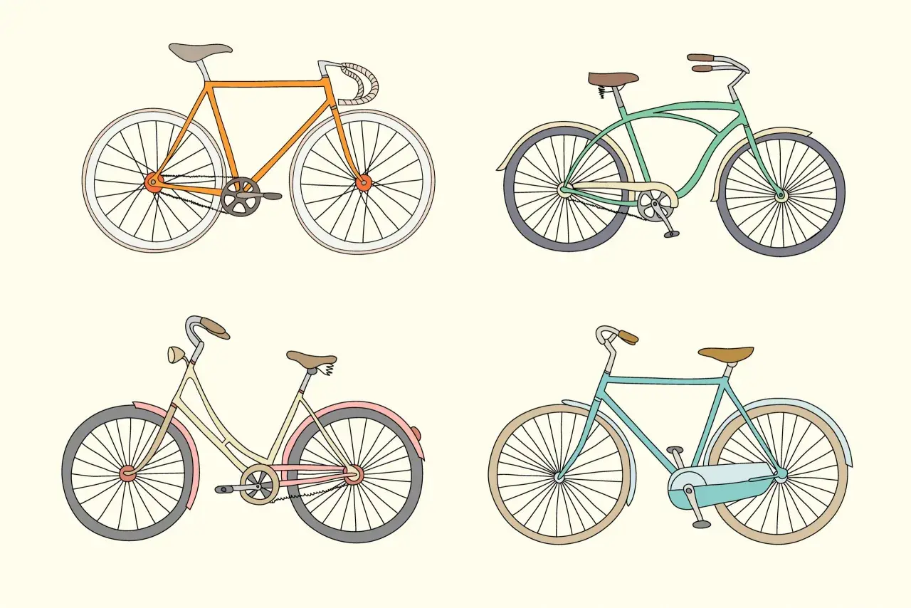 Cztery rysunki rowerów: pomarańczowy szosowy, zielony cruiser, kremowy miejski i turkusowy. Proste ilustracje pokazują, jak narysować rower.