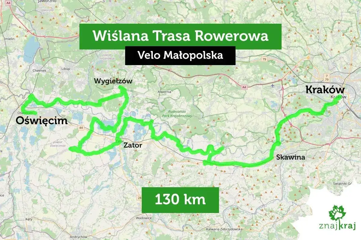 Mapa Wiślanej Trasy Rowerowej Velo Małopolska, o długości 130 km, prowadzącej przez Oświęcim, Zator i okolice Krakowa.