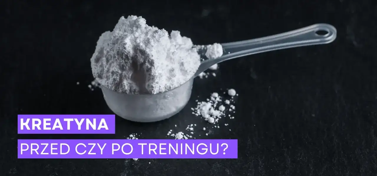 Miarka z białym proszkiem, prawdopodobnie kreatyna. Pytanie brzmi: kreatyna przed czy po treningu?