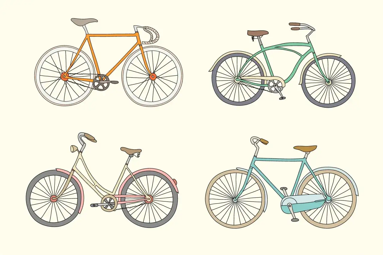 Cztery rysunki rowerów: pomarańczowy szosowy, zielony cruiser, kremowy miejski i turkusowy. Proste ilustracje pokazują, jak narysować rower.