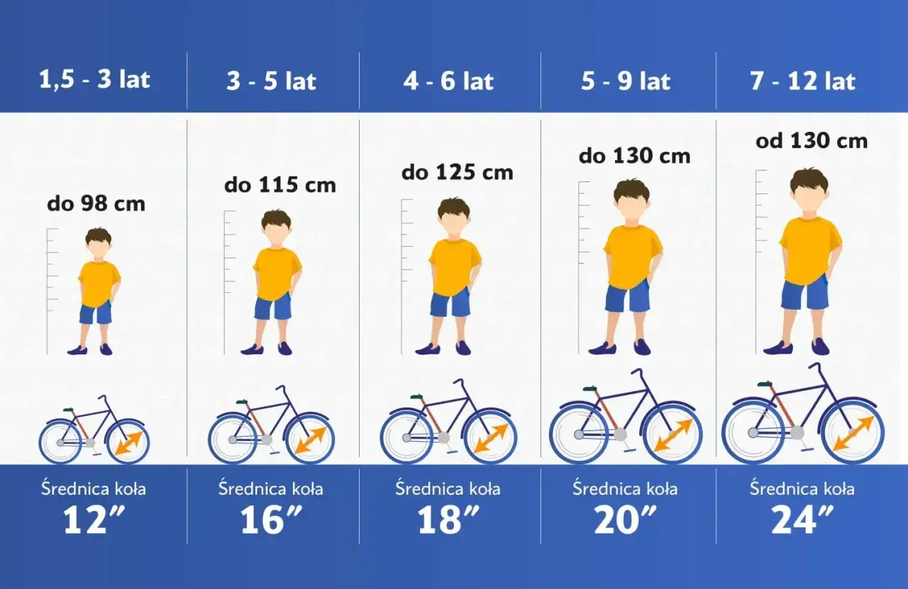 Tabela podpowiada, jak dobrać rower do wzrostu dziecka, od 1,5 do 12 lat, z podziałem na wiek i wzrost, oraz sugerowaną średnicę kół.