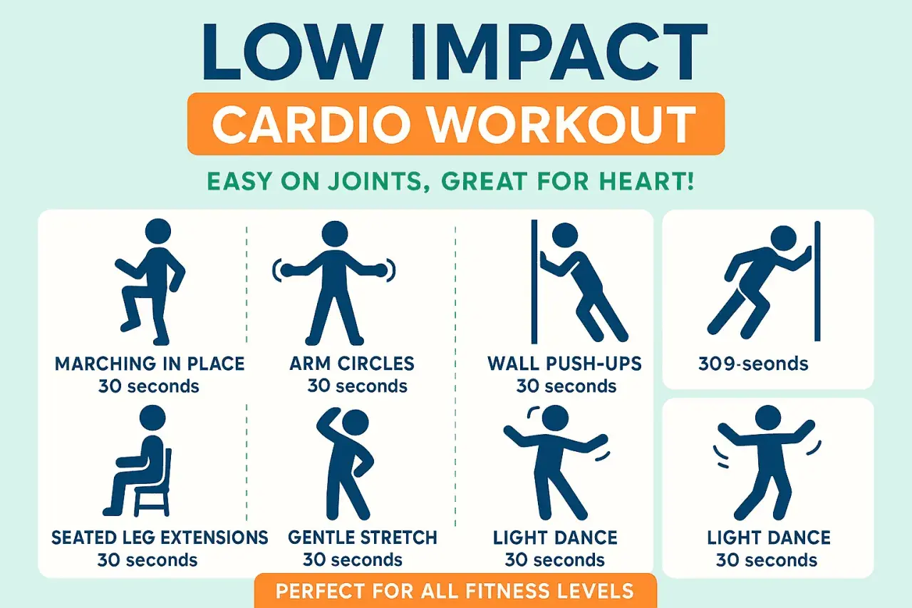 Dowiedz się, czym jest trening cardio! Ilustracje pokazują marsz w miejscu, krążenia ramion, pompki przy ścianie, wyprosty nóg na siedząco, delikatne rozciąganie i lekki taniec.