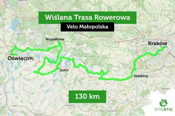Mapa Wiślanej Trasy Rowerowej Velo Małopolska, o długości 130 km, prowadzącej przez Oświęcim, Zator i okolice Krakowa.
